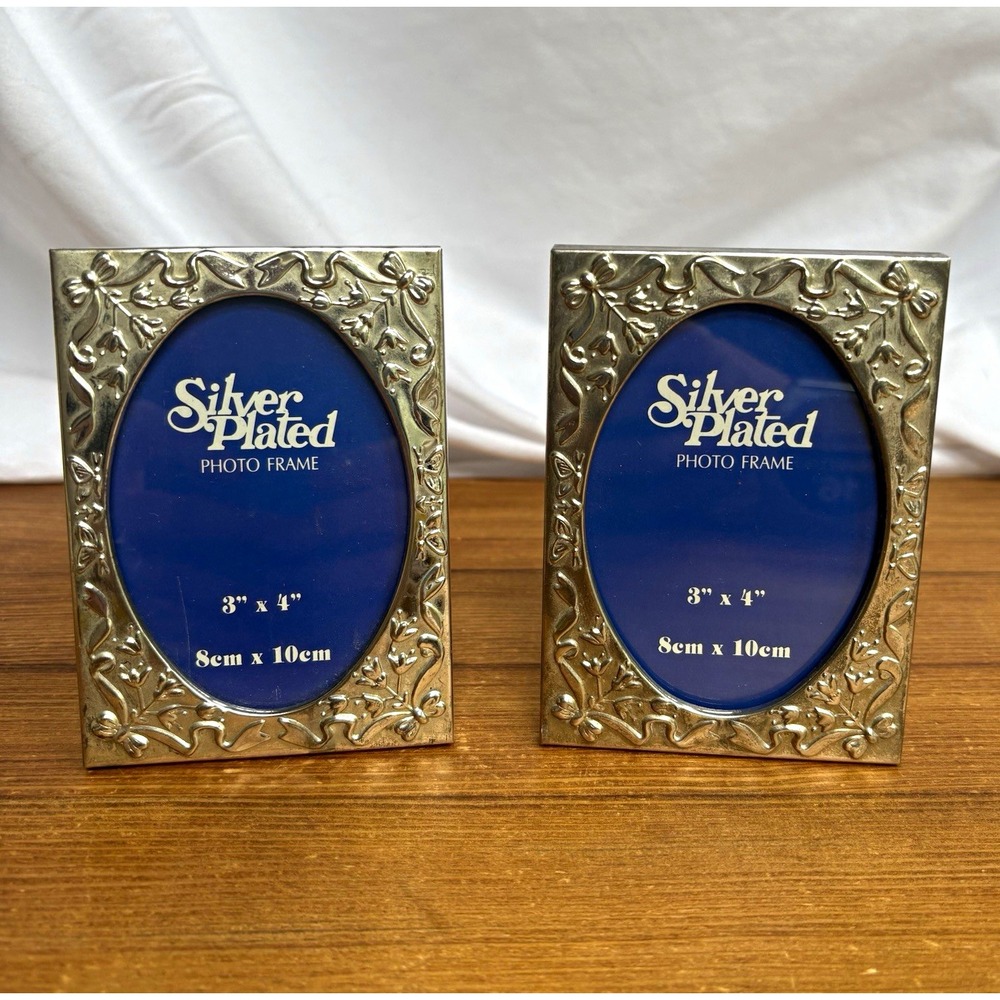 Set of 2 Silver Plated Ornate Floral Photo Frames 3x4 Freestanding Portrait
